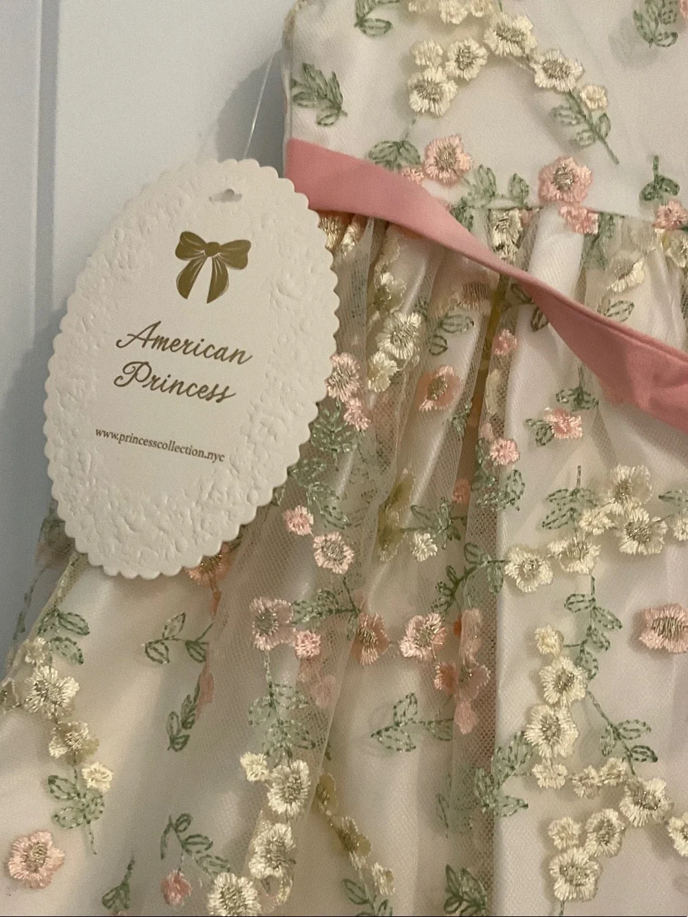 Girls' Floral Embroidered Ivory Party Dress with Gold Trim